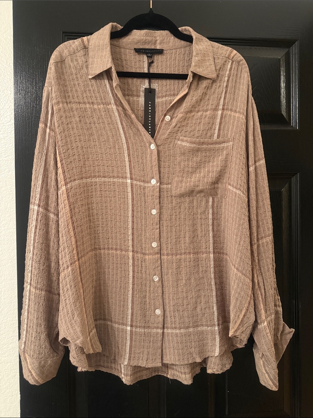 Jane and Delancey Light Brown Plaid Button-Down Shirt
